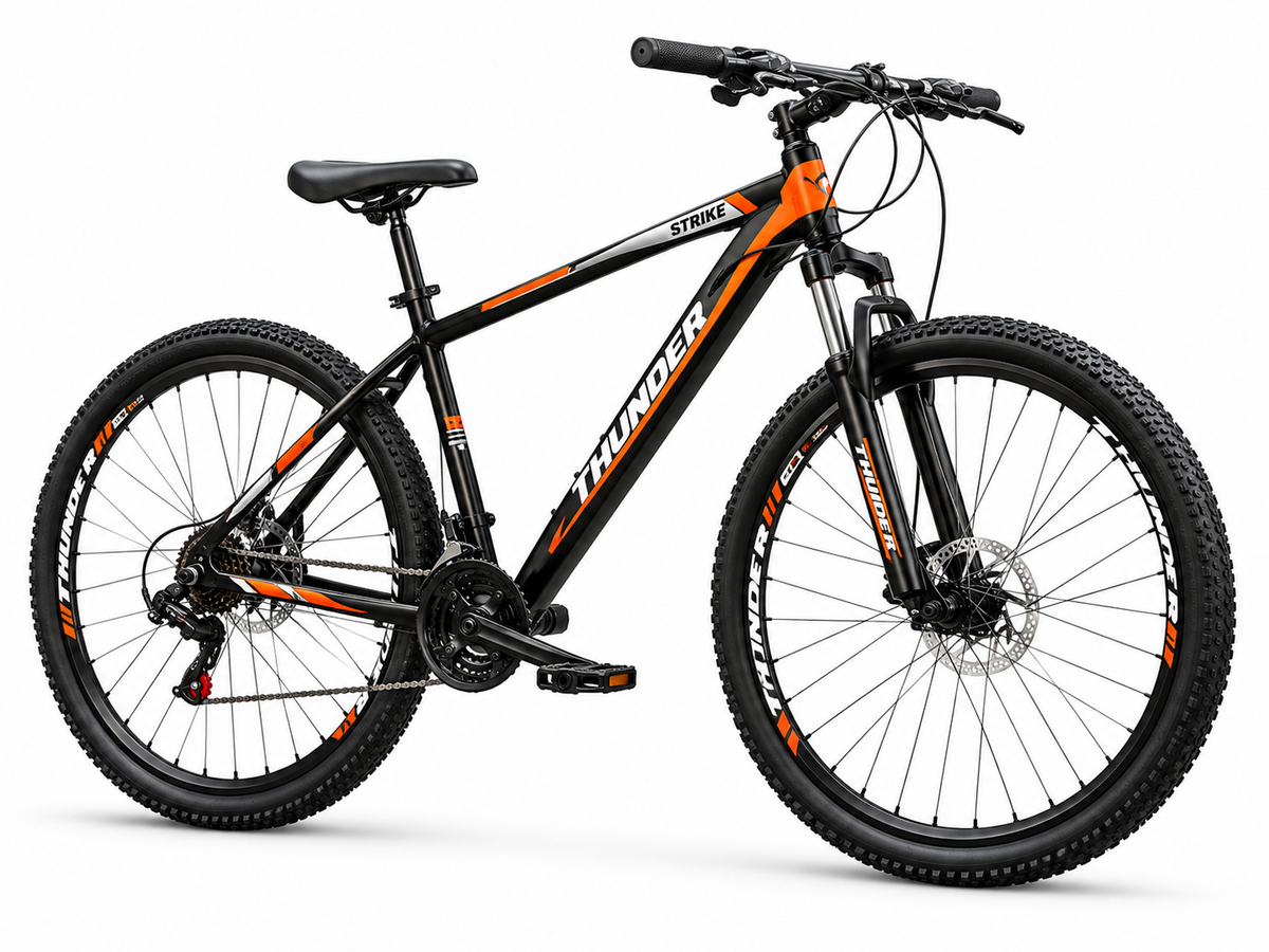 Bicicleta Mountain Bike Thunder Strike Aro 29 negra con detalles naranjos sobre fondo blanco